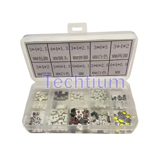 key button 10 type,25pcs each,total 250pcs (3*4*2.5mm, 4*4*1.5mm 3*4*2.5mm 3*6*5mm 3*4*2mm 3*4*2mm 3*6*4.3mm 6*6*3.1mm 3*6*2.5mm 4*4*0.8mm)
