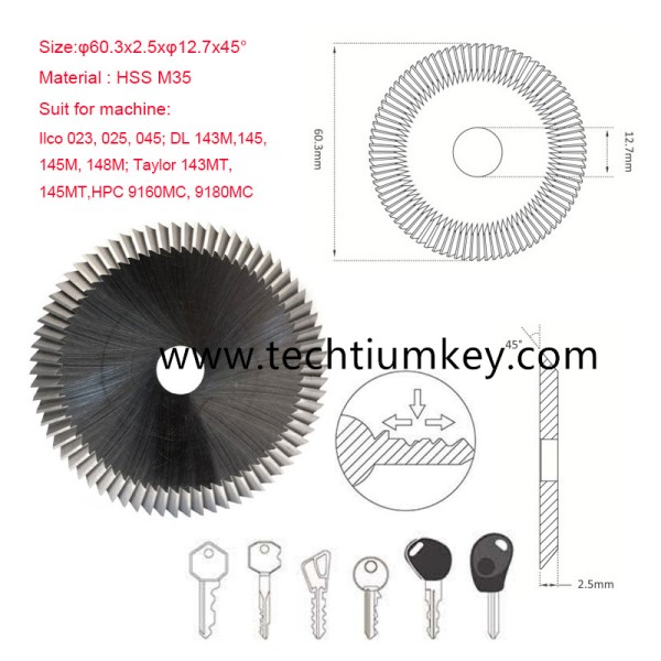 Angle Miling Cutter  Size:φ60.3x2.5xφ12.7x45° Material : HSS M35  Suit for machine: Ilco 023, 025, 045; DL 143M,145, 145M, 148M; Taylor 143MT,145MT,HPC 9160MC, 9180MC