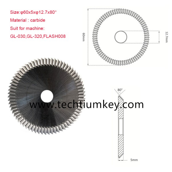Angle Miling Cutter  Size:φ60x5xφ12.7x80° Material : carbide Suit for machine: GL-030,GL-320,FLASH008